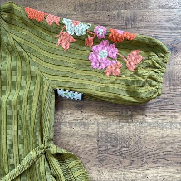 THML Olive Green Embroidered Striped Floral Maxi Dress L Ballon Sleeve. - Picture 12 of 15